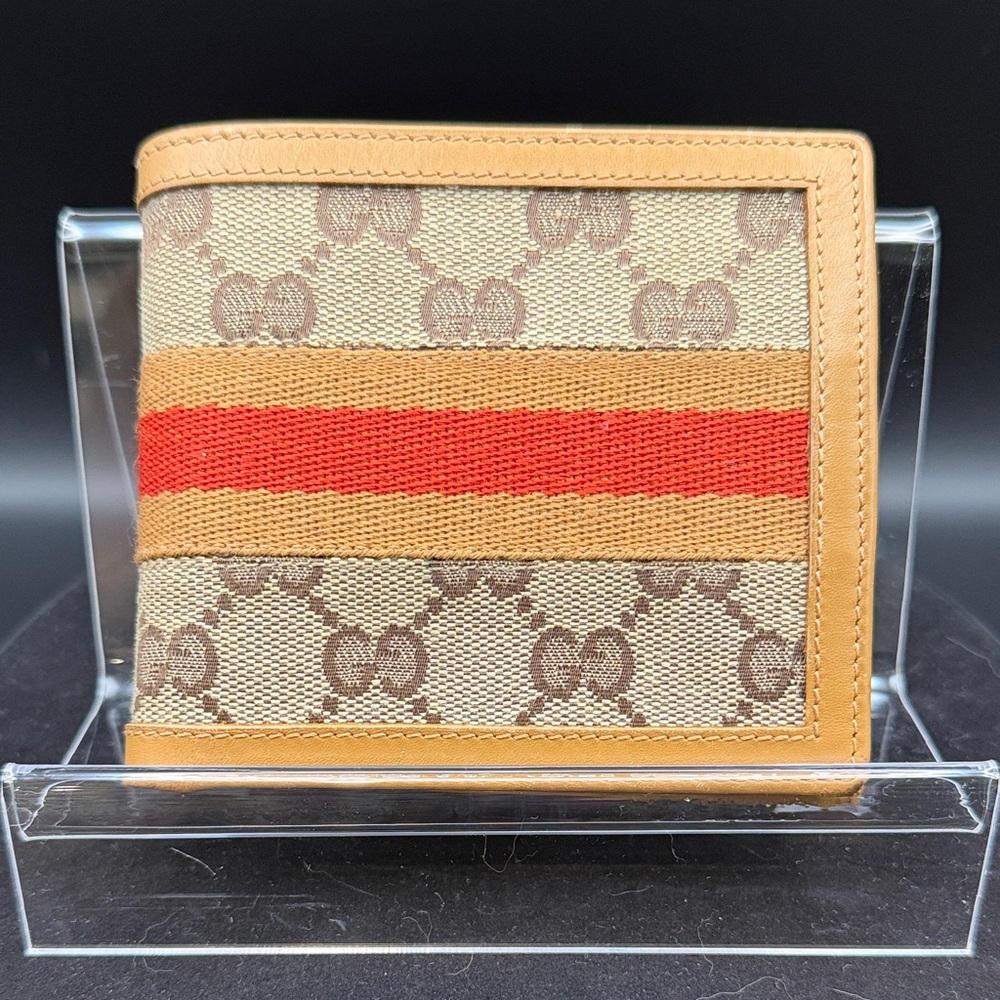 Gucci GG Supreme Beige Monogram Canvas Bifold Wallet with Red and Tan Stripe